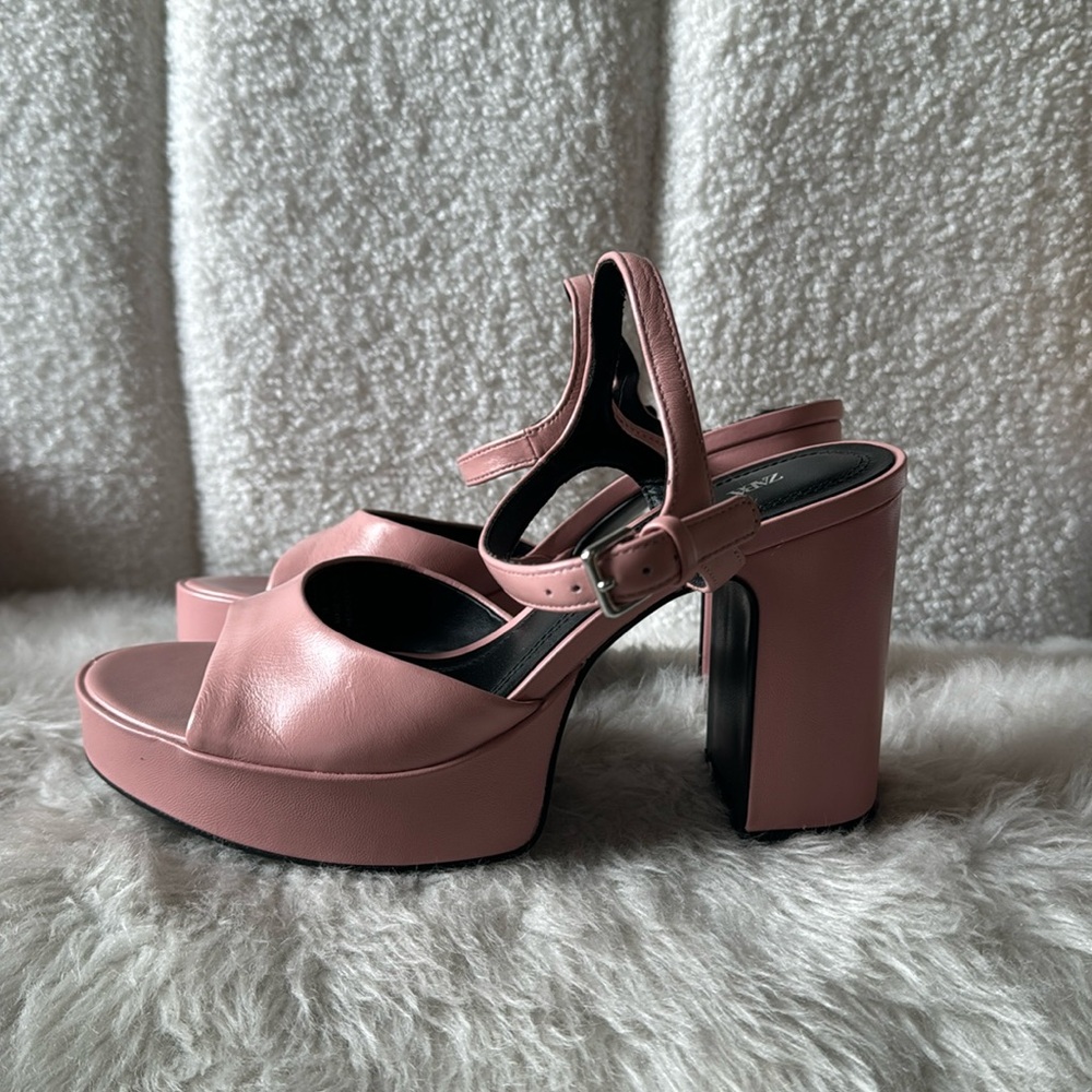 NEW ZARA Pink Leather Barbie Doll Platform Block Heel Ankle Strap Heels 8